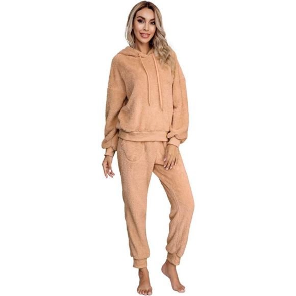 Other - Women's Fuzzy Sherpa Fleece Pajamas Set, Camel
